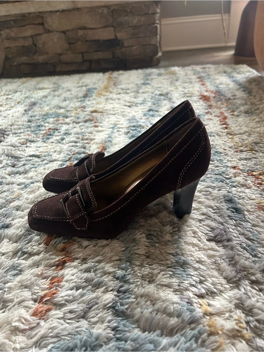 Nine West Dark Brown Suede Buckle Heels